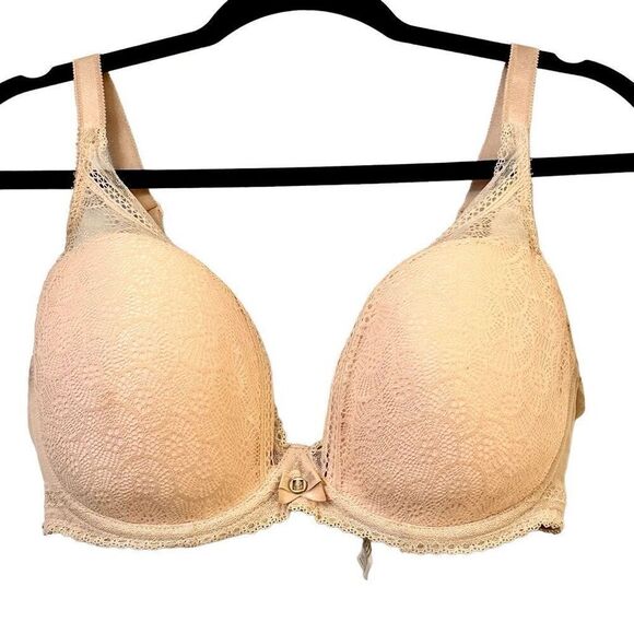 Chantelle Lace Overlay Padded Full Coverage Push-up T-shirt Bra Nude Size 34DDDD - Picture 1 of 5